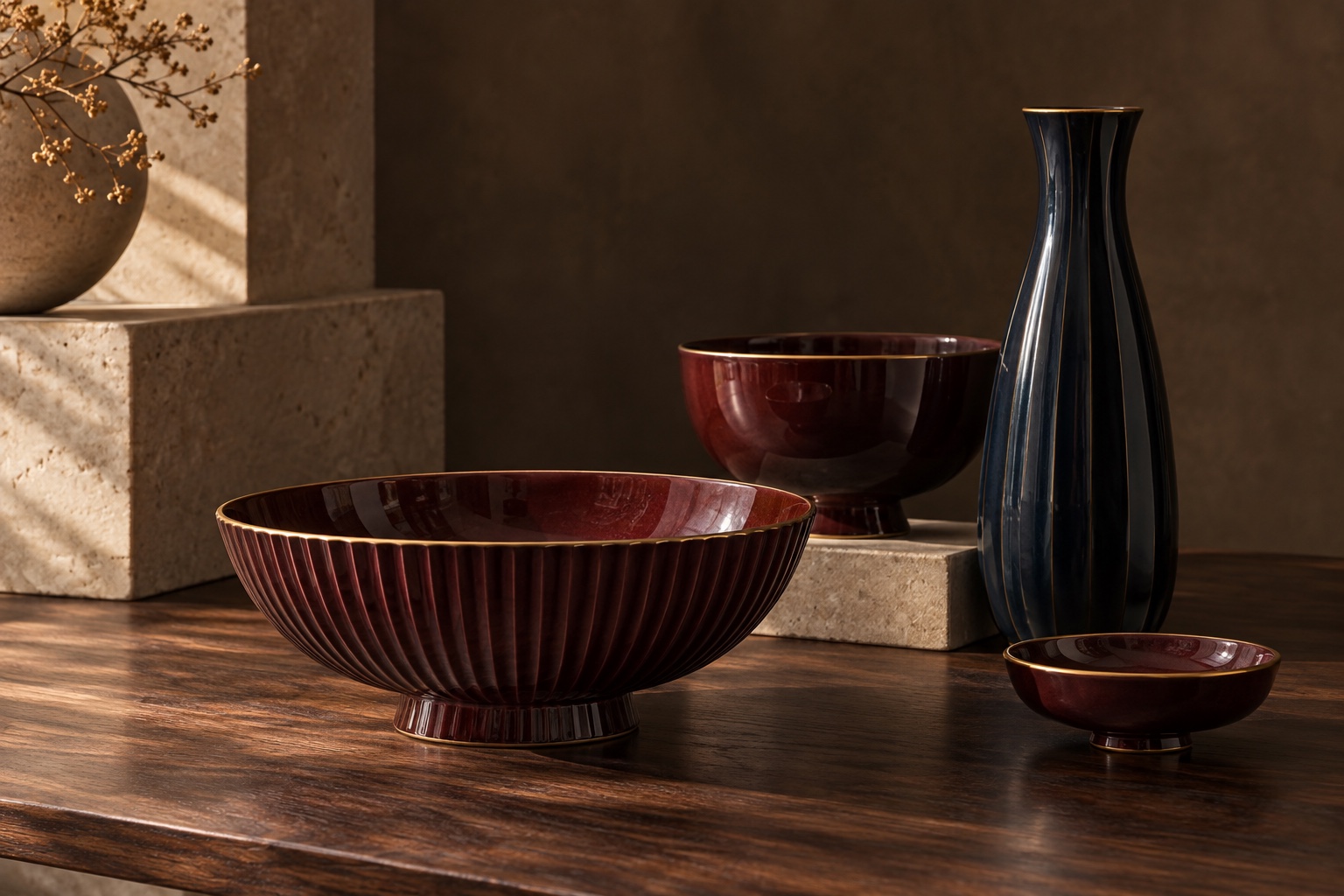 Sculptural oxblood ceramic bowls with delicate gold rims beside a tall midnight navy vessel on stone and dark walnut.